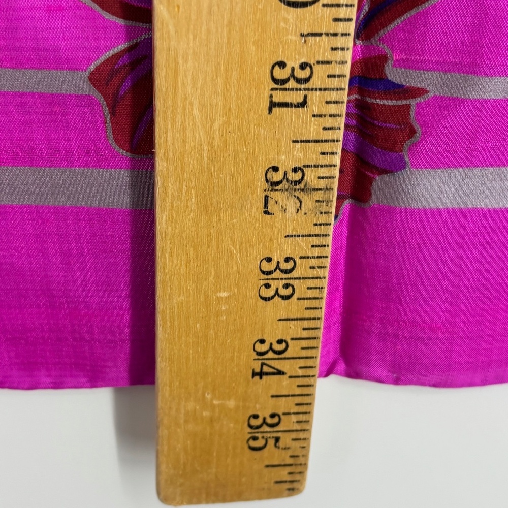 Vintage Thai Raw Silk Square Scarf Fuchsia Pink Purple Floral with Silver Trim - Picture 9 of 9